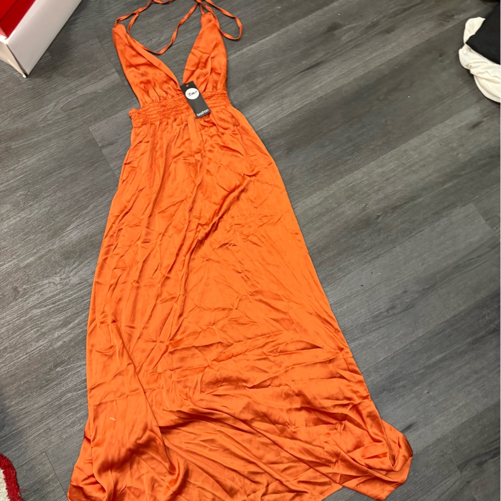 Boohoo Rust Orange Tie-Strap Maxi Dress